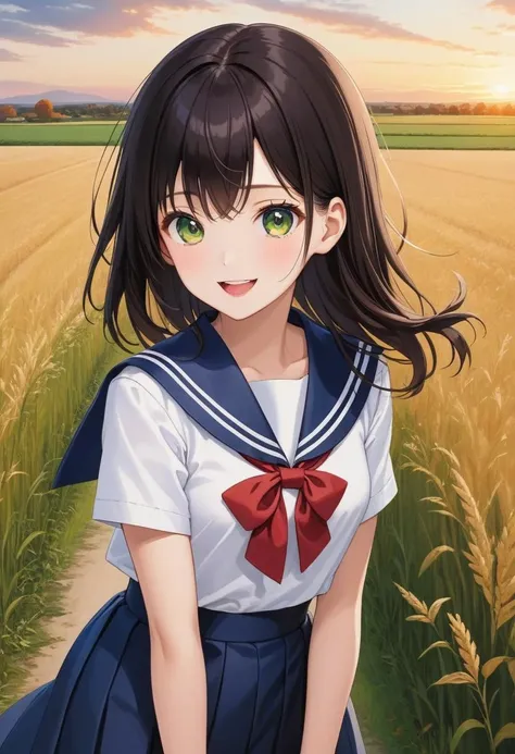 1girl, 18yo (white sailor-fuku, short sleeve, deep blue collar, deep blue skirt, red neckerchief:1.5) BREAK (cute,smile,bare face,big eyes, open mouth, black hair:1.4) straight hear, medium hair, cowboy shot, profile BREAK (autumn sunset,walk on country road, green field, cowboy shot:1.5) (action,dynamic pose,dynamic angle:1.4) (dynamic pose,dynamic angle:1.3) BREAK japanese, japanese idol, black eyes (best quality, ultra high res, Realistic, RAW photo, real person, portrait photography, photorealistic, detailed skin, fair skin, beautiful detailed eyes) <lora:neg4all_bdsqlsz_xl_V7:0.8>
