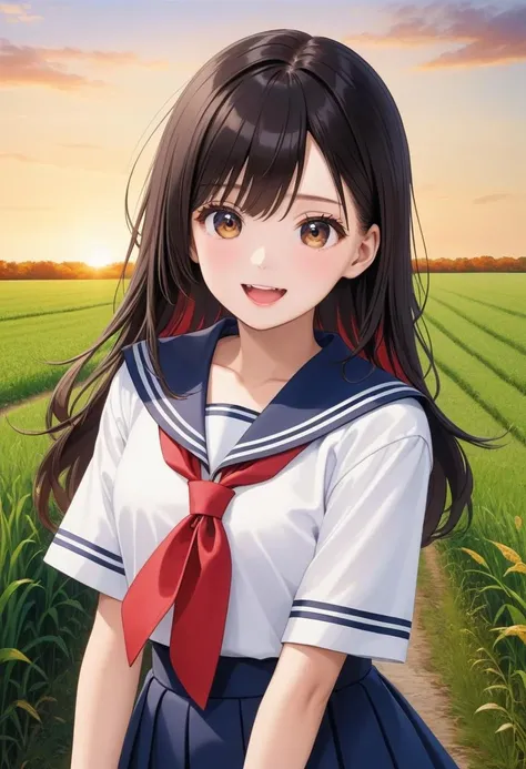1girl, 18yo (white sailor-fuku, short sleeve, deep blue collar, deep blue skirt, red neckerchief:1.5) BREAK (cute,smile,bare face,big eyes, open mouth, black hair:1.4) straight hear, medium hair, cowboy shot, profile BREAK (autumn sunset,walk on country road, green field, cowboy shot:1.5) (action,dynamic pose,dynamic angle:1.4) (dynamic pose,dynamic angle:1.3) BREAK japanese, japanese idol, black eyes (best quality, ultra high res, Realistic, RAW photo, real person, portrait photography, photorealistic, detailed skin, fair skin, beautiful detailed eyes) <lora:neg4all_bdsqlsz_xl_V7:0.8>