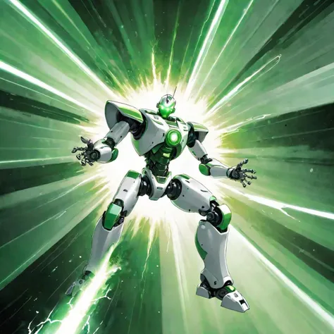 green and white robot blast a huge energy beam