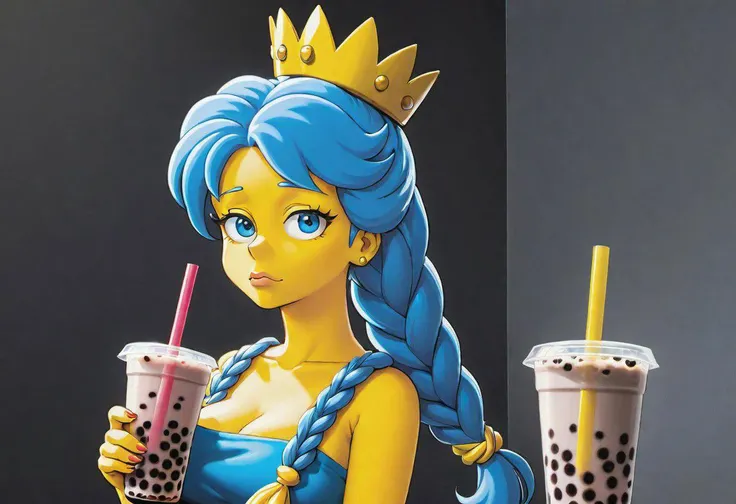 High Quality, Masterpiece, realistic, streaked hair, single braid, Marge Simpson, bubble tea challenge, drinking straw, crossed arms, <lora:Pos_BubbleTeaChallange:1>, blue eyes,