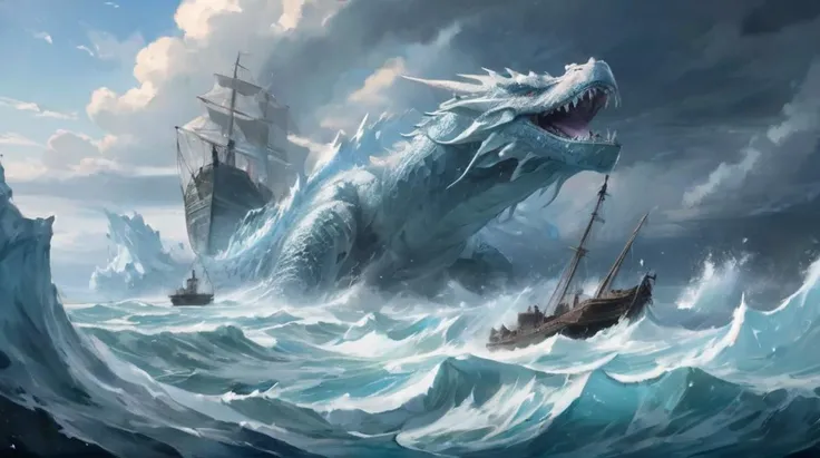 (Ocean, sky, clouds), (((dragon leviathan:ice))), blizzard, vast seascape, crashing waves, destruction of a ship