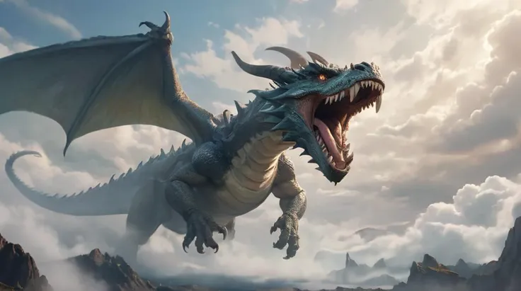 a large dragon with its mouth open and its teeth wide open in the sky with clouds in the background, volumetric fog, concept art, Bedwyr Williams, symbolism