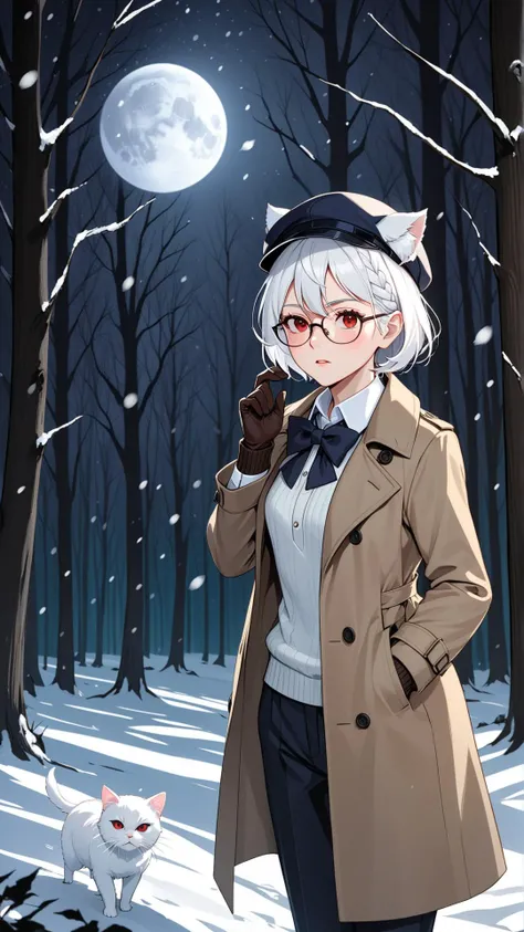 masterpiece, best quality, 1girl, adult, shadow, blurry background, expression, red eyes, white hair, short hair, braid, white cat ears, glasses, collared shirt, bowtie, sweater, trenchcoat, gloves, pants, outdoors, small breasts, mature female, blush, wind, winter, forest, night, moon, snowing, photo camera on neck, detective hat,