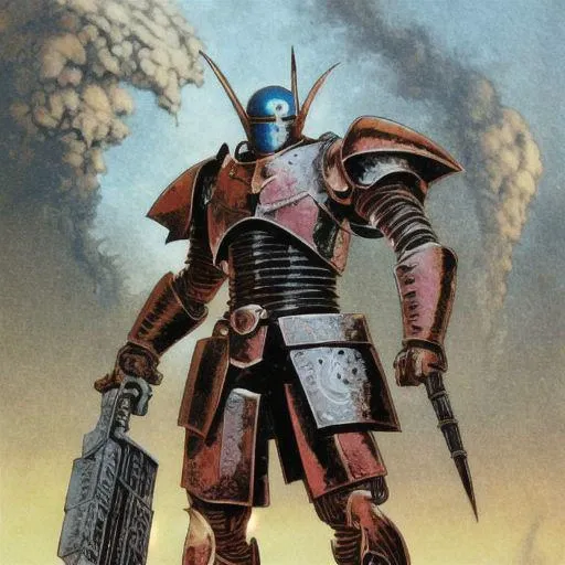 philippe druillet,enki bilal,moebius inspired french comics, bird's-Eye View of a man knight armor, resting in a haze of smoke, dust, eerie colored gas fog, <lora:primaris_marine-knight_armor-000007:0.8>, g1g3r, <lora:g1g3r:0.4>, distinct contrast in colors and textures, grainy texture,surreal