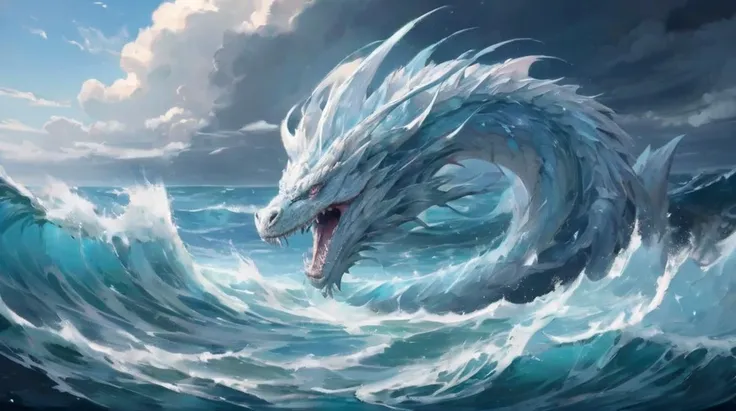 (Ocean, sky:cosmos), (dragon:.6), made of ice, leviathan, blizzard, vast seascape, laviathans body is coming in and out of the water like waves