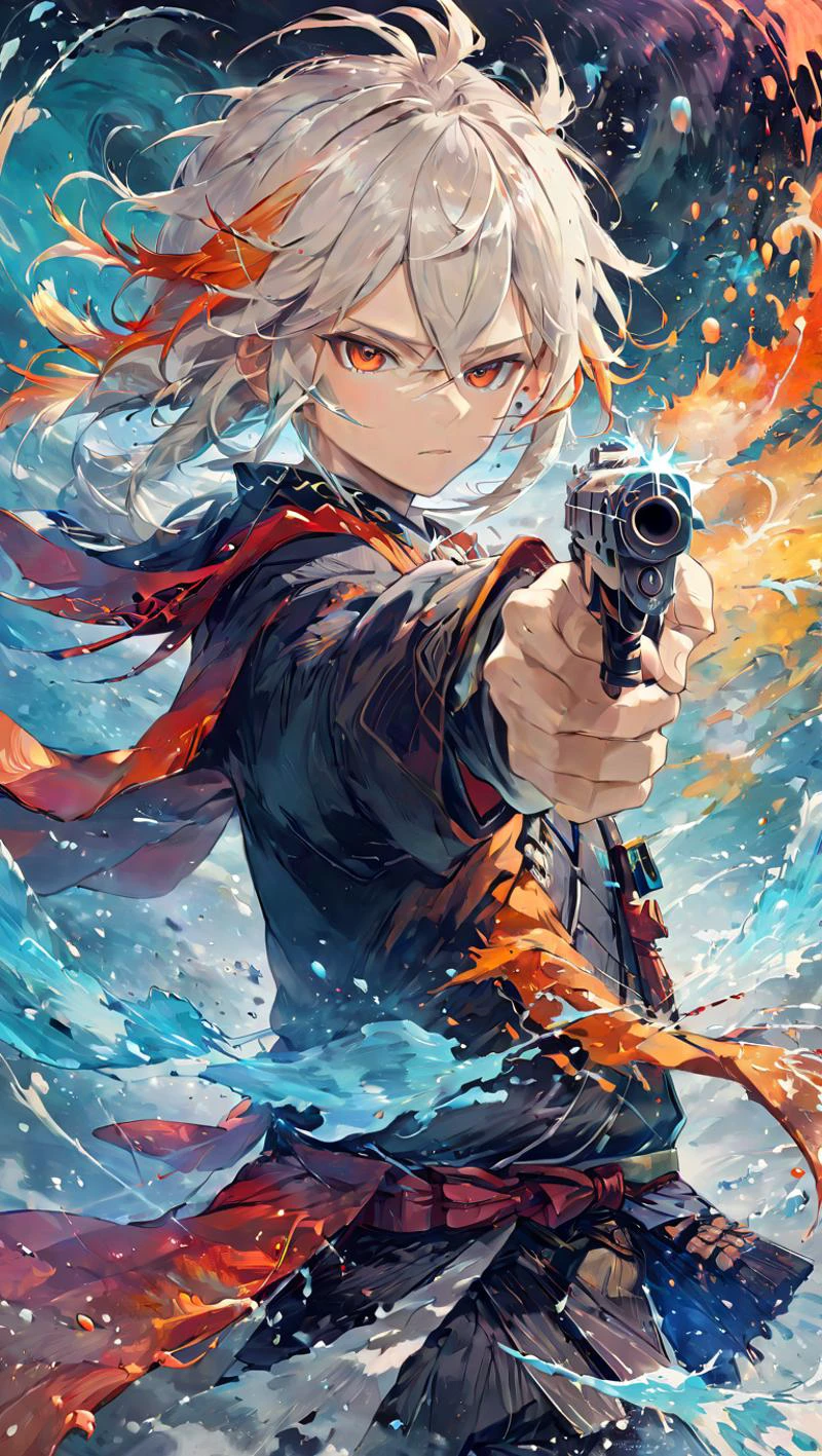 highly detailed, HD, masterpiece, best quality, hyper detailed, ultra detai <lora:ä¸å¶:0.8> 1boy, multicolored_hair, japanese_armor, ,japanese_clothes,white hair,(anime eyes:1.2),pointing with gun, cool pose,<lora:GUNATYOU_XL:0.8> gunatyou <lora:MO-80-2:0.8>, splash art, ananmo