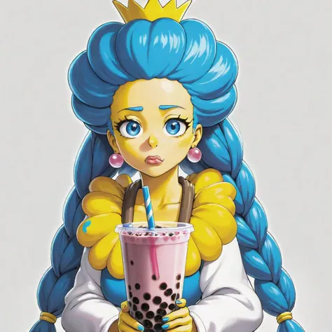 High Quality, Masterpiece, realistic, streaked hair, single braid, Marge Simpson, bubble tea challenge, drinking straw, crossed arms, <lora:Pos_BubbleTeaChallange:1>, blue eyes,