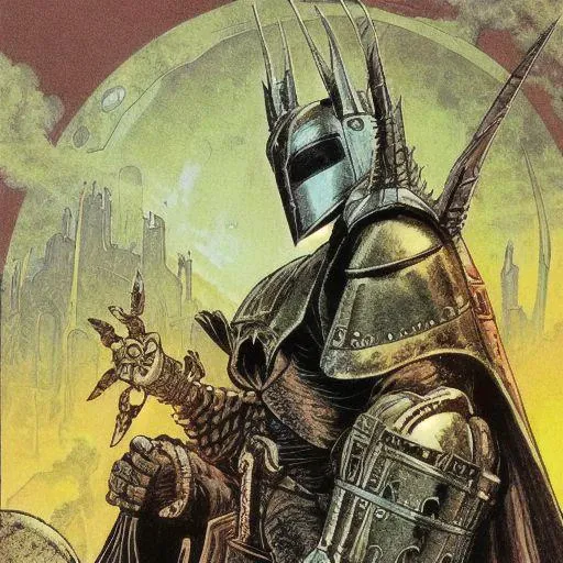 philippe druillet,enki bilal,moebius inspired french comics, bird's-Eye View of a man knight armor, resting in a haze of smoke, dust, eerie colored gas fog, <lora:primaris_marine-knight_armor-000007:0.8>, g1g3r, <lora:g1g3r:0.4>, distinct contrast in colors and textures, grainy texture,surreal