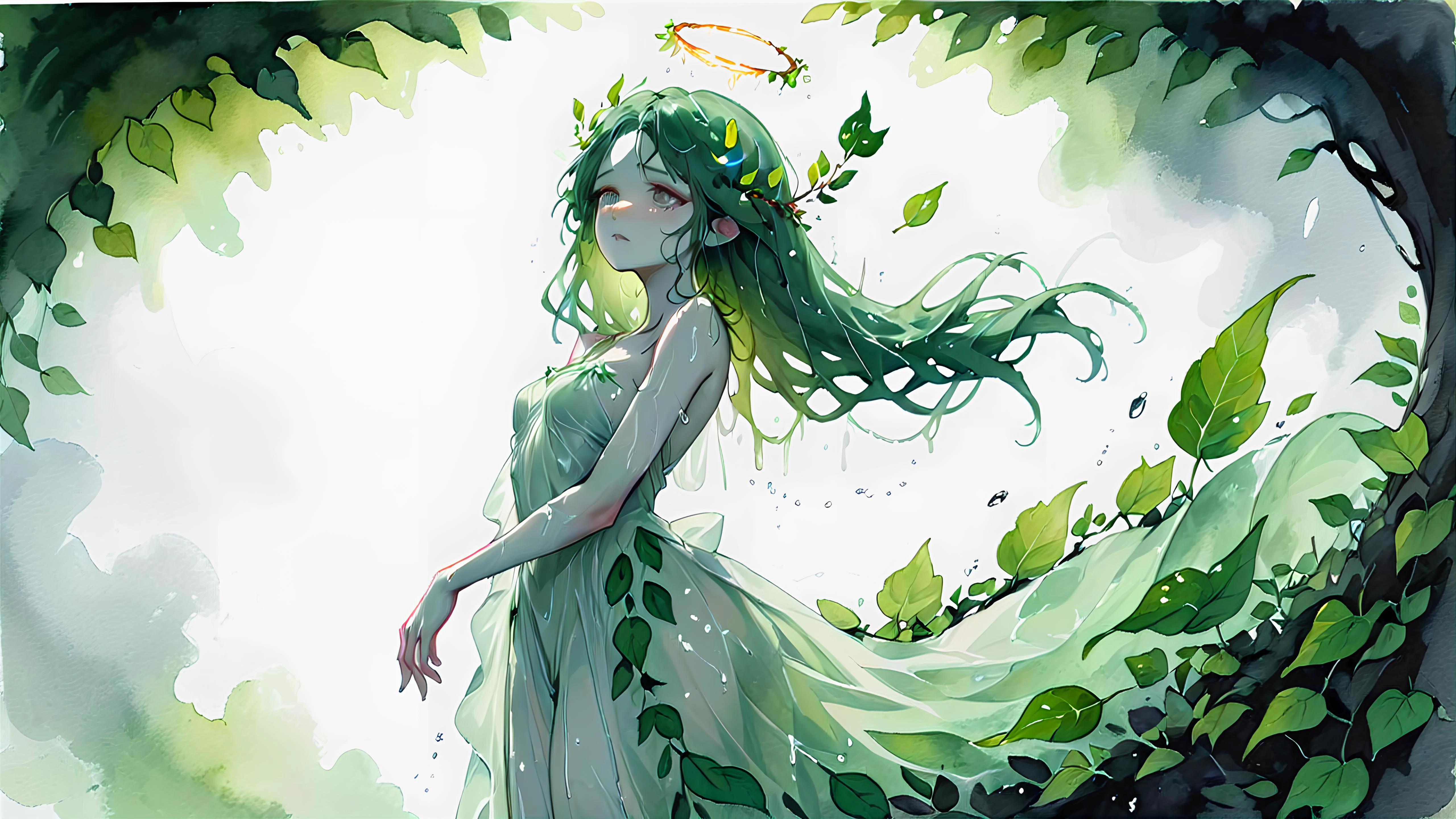 wet on wet watercolor and ink, lonely shade of a woman fae spirit, ((head tilted upward)), ink halo made of leaves, gossamer gown, <lora:OMG-Is-DucHaiten_v1.0:1>
