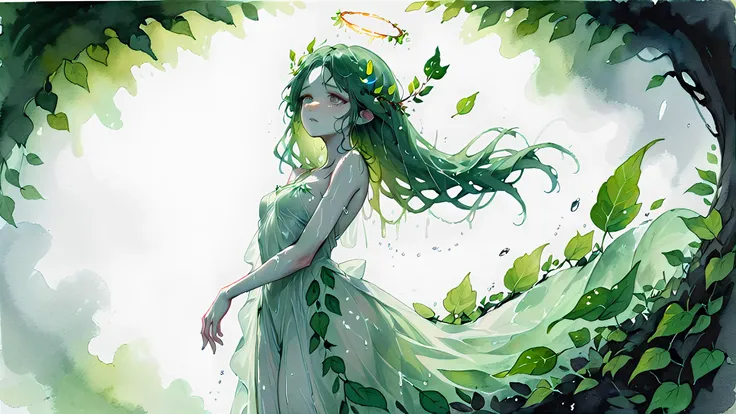 wet on wet watercolor and ink, lonely shade of a woman fae spirit, ((head tilted upward)), ink halo made of leaves, gossamer gown, <lora:OMG-Is-DucHaiten_v1.0:1>