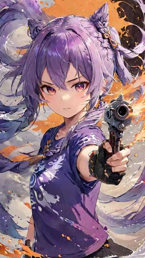 highly detailed, HD, masterpiece, best quality, hyper detailed, ultra detail, <lora:keqing:0.8>1girl, solo, keqing \(genshin impact\), t shirt, braid, gloves, hair between eyes),pointing with gun, cool pose,<lora:GUNATYOU_XL:0.8> gunatyou <lora:MO-80-2:0.8>, splash art, ananmo