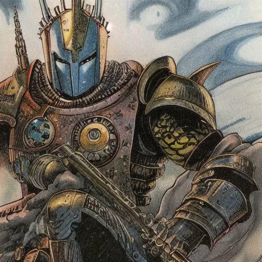 philippe druillet,enki bilal,moebius inspired french comics, bird's-Eye View of a man knight armor, resting in a haze of smoke, dust, eerie colored gas fog, <lora:primaris_marine-knight_armor-000007:0.8>, g1g3r, <lora:g1g3r:0.4>, distinct contrast in colors and textures, grainy texture,surreal