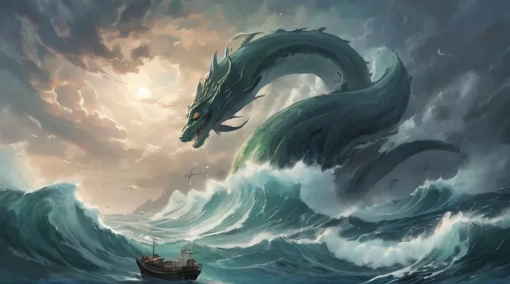 (Ocean, sky, clouds), (((leviathan:1.4, serpent))), blizzard, vast seascape, crashing waves, destruction of a ship