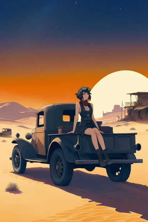 {{{{nighttime}}}}, night, vintage 1930s {pickup truck}, {post apocalypse}, {dieselpunk}, desert town, red sand, {abandoned town}, nomads, ruins, art by ross tran and greg rutkowski, {{dusty town}}, nomad, desert clothes, goggles, solo female , {solo female}, rifle,