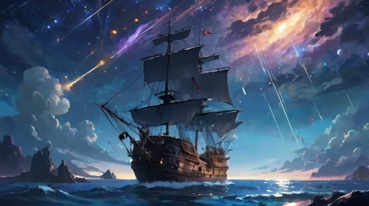 (Ocean, sky:cosmos), dark pirate ship, meteor shower