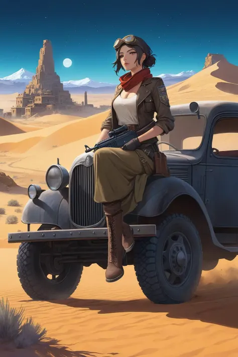 {{{{nighttime}}}}, night, vintage 1930s {pickup truck}, {post apocalypse}, {dieselpunk}, desert town, red sand, {abandoned town}, nomads, ruins, art by ross tran and greg rutkowski, {{dusty town}}, nomad, desert clothes, goggles, solo female , {solo female}, rifle, soldier,