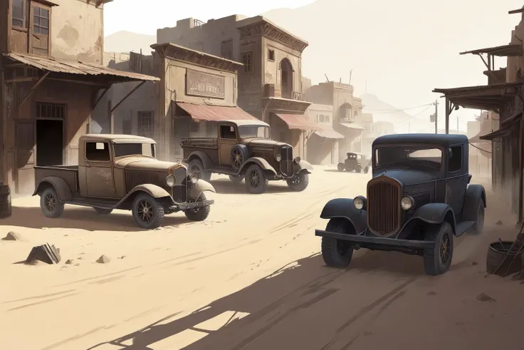western, vintage, vintage automobile, {post apocalypse}, {dieselpunk}, desert town, sand, , {abandoned town}, nomads, fantasy, art by ross tran and greg rutkowski, {{dusty town}}, 1930s pickup trucks,