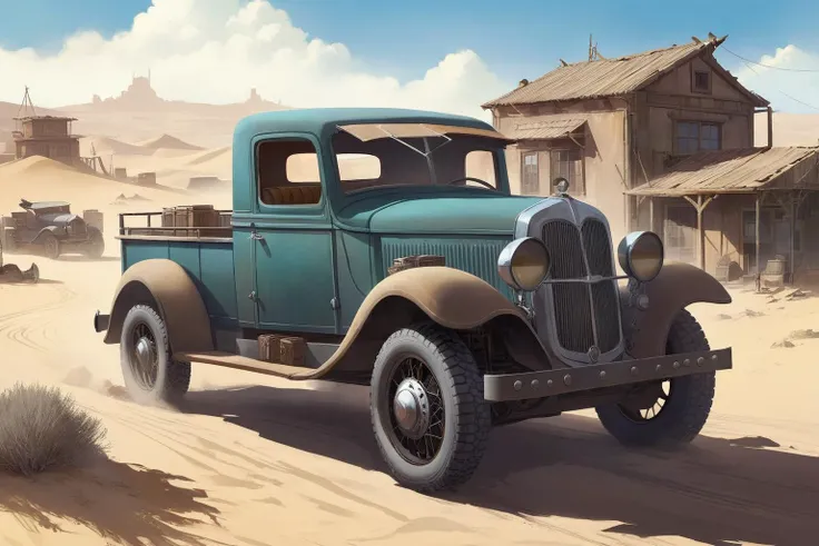 western, vintage, vintage automobile, {post apocalypse}, {dieselpunk}, desert town, sand, , {abandoned town}, nomads, fantasy, art by ross tran and greg rutkowski, {{dusty town}}, 1930s pickup trucks,