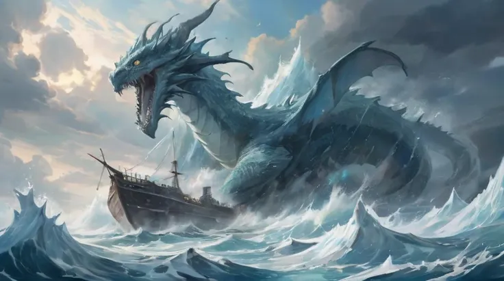 (Ocean, sky, clouds), (((dragon leviathan:ice))), blizzard, vast seascape, crashing waves, destruction of a ship