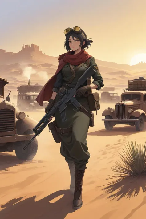 {{{{nighttime}}}}, night, vintage 1930s {pickup truck}, {post apocalypse}, {dieselpunk}, desert town, red sand, {abandoned town}, nomads, ruins, art by ross tran and greg rutkowski, {{dusty town}}, nomad, desert clothes, goggles, solo female , {solo female}, rifle, soldier,