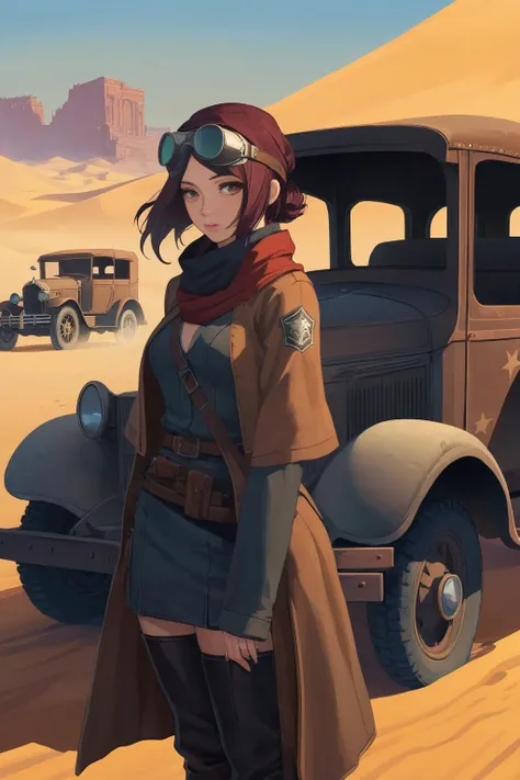 {{{{nighttime}}}}, night, vintage 1930s {pickup truck}, {post apocalypse}, {dieselpunk}, desert town, red sand, {abandoned town}, nomads, ruins, art by ross tran and greg rutkowski, {{dusty town}}, nomad, desert clothes, goggles, solo female , {solo female}, rifle,