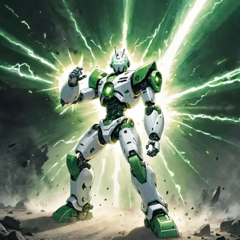 green and white robot blast a huge energy beam