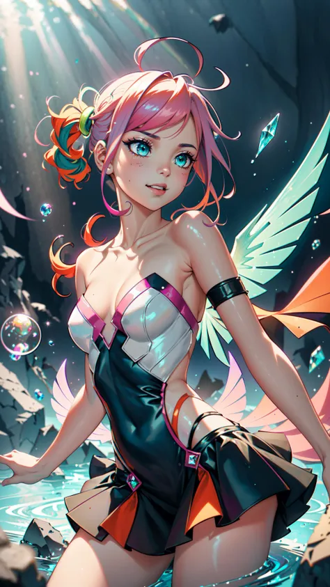 Quadratic elementgirl, pink hair, double ponytail, (Highest picture quality),(Master's work),(ultra-detailed),(Detailed eye description:1.0),(lens flare:1.0),( poster:1.0),(Tarot border:1.0),the portrait is centered,(close-up:1.0),(nagative space:0.8),(negative space:1.6),(solo),(floating colorful {wind|water magic|ink|crystals|ice|fire|flame|lightning|web|rocks|sand|particles|sparkles|blood}:1.0),(many colorful {soap bubbles|clouds|thorns|spikes|vines|currents|spirals|halos|wings|tatoos|cubes|octahedron}:1.0),(floating {red|green|blue|aqua|purple|yellow|black|white|grey|pink|orange|lime} {ribbons|feathers|particles|blades|droplets|snowflakes|soft balls}:1.0),({crystal|ice|fire|flame|wind|water|earth|stone|space|musical|sonic|vortex} {magic|wings}:1.0), ({ray tracing,glowing|dappled sunlight,light rays,caustics|night,black theme|mysterious,eerie|easygoing,pastel}:1.2), ({colorful|iridescent|multicolored}:1.0),(beautiful detailed glow:1.0),({leaning forward|leaning back|leaning to the side|}:1.2),{(smile:1.0)|(smirk:1.0)|(grim expression:1.0)},({small|small||lips,eyelashes}:1.0),{(open mouth:1.0)|(closed mouth:1.0)|},({eyelashes|eyeshadow||}),{one eye closed|||},({red|green|blue|aqua|purple|yellow|black|white|grey|pink|orange|lime} hair:1.4), heart on chest