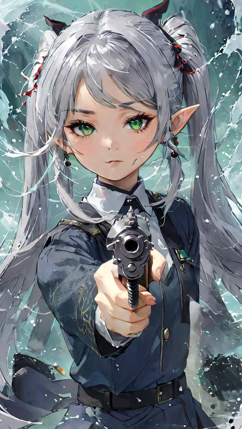 highly detailed, HD, masterpiece, best quality, hyper detailed, ultra detail, <lora:FrierenXL004:0.6>1girl, long hair, solo, pointy ears, elf, green eyes, bangs, jewelry, earrings, twintails, parted bangs, closed mouth, grey hair, thick eyebrows, white hair, , pointing with gun, upper body,cool pose,<lora:GUNATYOU_XL:0.8> gunatyou <lora:MO-80-2:0.8>, splash art, ananmo