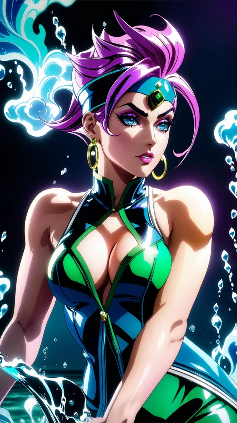 Jolyne Kujo, jjba style, jojo's bizarre adventure Jolyne Kujo, model shoot style, jjba anime style, (extremely detailed CG unity 8k wallpaper), (Chaotic storm of liquid smoke in the head:1.2), stylized beauty full - length abstract portrait, shattered glass, bubbly underwater scenery, radiant light, HDR, ultra details, Ultra Realism, Ultra Realistic, Sharp Details, intricate, elegant, dreamlikeart, Beautiful Psychedelic, trippy, volumetric lighting maximalist photo illustration, photorealistic, hyperrealism