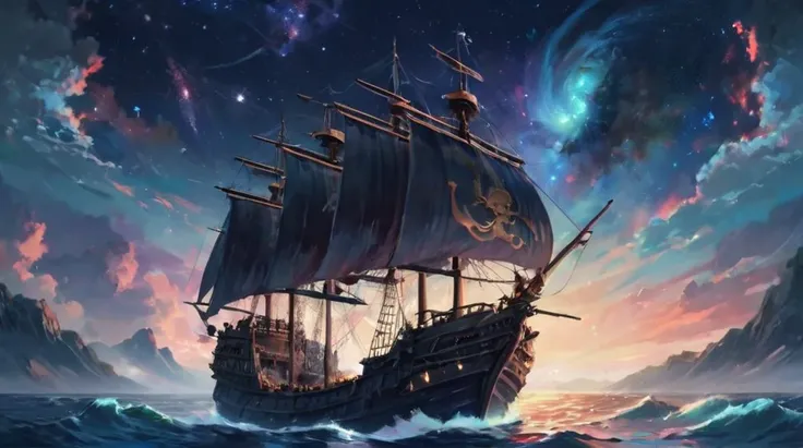 (Ocean, sky:cosmos), (dragon:.6),dark pirate ship