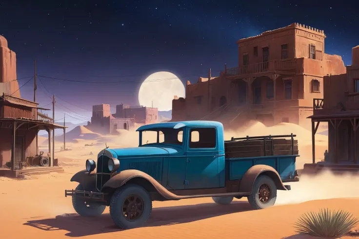 nighttime, night, vintage automobile, {post apocalypse}, {dieselpunk}, desert town, red sand, {abandoned town}, nomads, ruins, art by ross tran and greg rutkowski, {{dusty town}}, 1930s pickup truck,