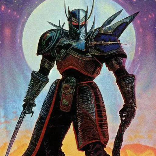 philippe druillet,enki bilal,moebius inspired french comics, bird's-Eye View of a man knight armor, resting in a haze of smoke, dust, eerie colored gas fog, <lora:primaris_marine-knight_armor-000007:0.8>, g1g3r, <lora:g1g3r:0.4>, distinct contrast in colors and textures, grainy texture,surreal