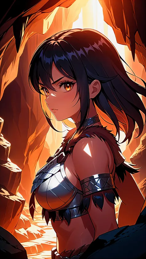 by dino, by reiko, by oda non, 1girl, detailed face, a female barbarian, insanely detailed and intricate dark shadows, gradient cinematic light epic shot action pose beautiful molten, cave masterpiece, best quality, high quality