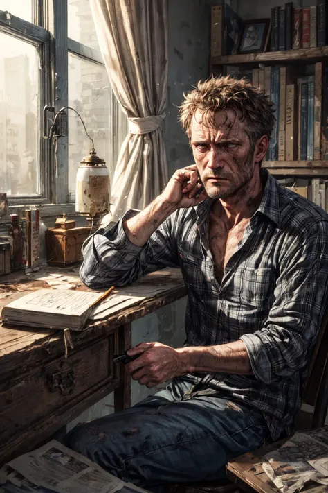 (RAW photo, 8k uhd, Analog style, Masterpiece, Best Quality, Highres:1.4), (dramatic, cinematic:1.2), BREAK,
shot of (60 yo:1.2) (old man:1.3) (Michael Rooker:1.1) (sitting:1.2) at a (rough wooden:1.1) (desk:1.2), (writing:1.27) something on piece of paper, holding pen, (tired face:1.2), (wrinkles:1.1), (stubble:1.25), grey eyes, shabby (dirty red:1.1) (unbuttoned plaid shirt:1.2), (lowered head:1.2), (messy hair:1.1), frown, (writer:1.1), (tired depressed frustrated expression:1.2), BREAK,
(dark (dirty old messy room:1.2), (scattered things books papers, shelves, dirty dishes and mugs, turned off television:1.15), (kerosene lamp:1.25), (Christmas tree:1.25), (old photos on the shelf:1.3), (whiskey bottles:1.2), grey (torn stripped wallpaper:1.1), (dark night:1.25), (night window:1.1), (torn curtains:0.7), light particles, dust, creepy deep shadows:1.1), (depressive hopeless eerie atmosphere:1.2), (slums, ghetto:1.1), BREAK,
(photorealistic:1.3), (rough details, (male focus:1.1):1.2), (desaturated, cold lighting:1.3), (vintage:1.2), (hyperdetailed, absurdres:1.2), (Clutter-Home:0.9), BREAK,
<lora:more_details:1.0>,
<lora:zoom_slider_v1:2.0>,