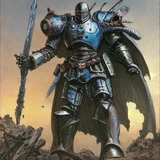 philippe druillet,enki bilal,moebius inspired french comics, bird's-Eye View of a man knight armor, resting in a haze of smoke, dust, eerie colored gas fog, <lora:primaris_marine-knight_armor-000007:0.8>, g1g3r, <lora:g1g3r:0.4>, distinct contrast in colors and textures, grainy texture,surreal