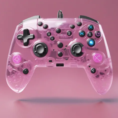 video game controller with the text Glorbo printed on it,pink,4 face buttons,controller,analog stick,3d,realistic,see-through,
