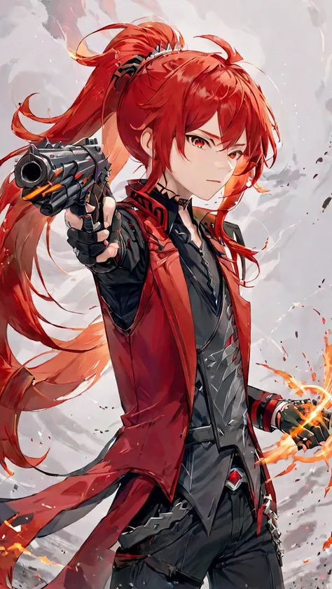 highly detailed, HD, masterpiece, best quality, hyper detailed, ultra detail,   <lora:diluc2_xl:0.8> 1boy,diluc (genshin impact), official alternate costume, long hair,ponytail,sidelocks, red hair,red eyes, (anime eyes:1.2),choker,gloves, black pants, belt, long sleeves, vest, coat, shirt, pointing with gun, cool pose,<lora:GUNATYOU_XL:0.8> gunatyou <lora:MO-80-2:0.8>, splash art, ananmo