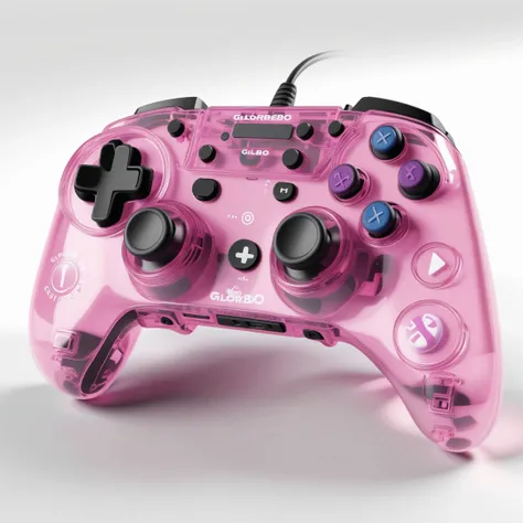 video game controller with the text Glorbo printed on it,pink,4 face buttons,controller,analog stick,3d,realistic,see-through,
