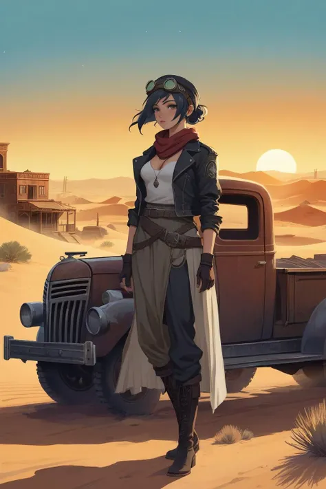 {{{{nighttime}}}}, night, vintage 1930s {pickup truck}, {post apocalypse}, {dieselpunk}, desert town, red sand, {abandoned town}, nomads, ruins, art by ross tran and greg rutkowski, {{dusty town}}, nomad, desert clothes, goggles, solo female ,