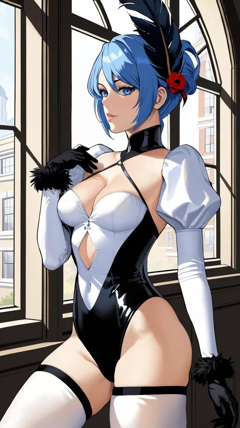 masterpiece, best quality, highres, hm2b, light blue eyes, mole under mouth, clothing cutout, long sleeves, puffy sleeves, Juliet sleeves, feather trim, black thigh-highs, black gloves, covered navel, (white leotard:1.2), indoors, factory, standing, cowboy shot, Juliet Starling, extremely detailed