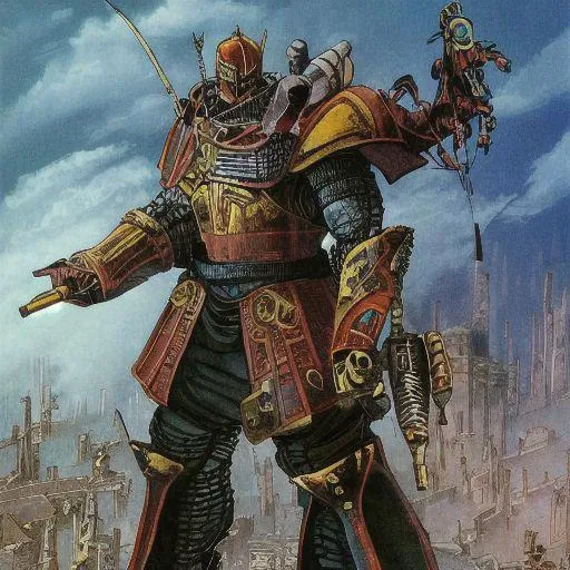 philippe druillet,enki bilal,moebius inspired french comics, bird's-Eye View of a man knight armor, resting in a haze of smoke, dust, eerie colored gas fog, <lora:primaris_marine-knight_armor-000007:0.8>, g1g3r, <lora:g1g3r:0.4>, distinct contrast in colors and textures, grainy texture,surreal