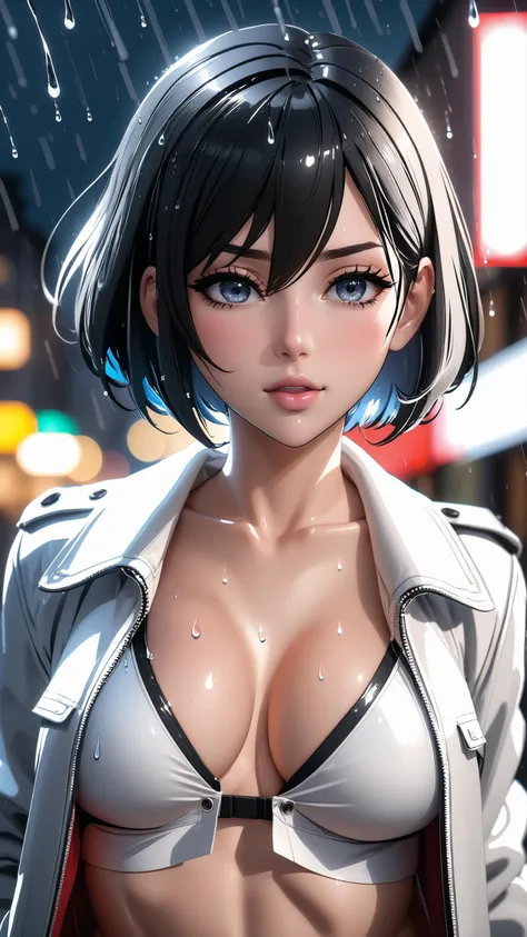 anime girl, ahegao face, nsfw, (dynamic pose), (winter night, rain:1.3), (raindrop effects:1.3), [(detailed face:1.2):0.2], RAW photo, best quality, (realistic, photo-realistic:1.30), bokeh, 8k uhd, dslr, soft lighting, high quality, masterpiece,ultra realistic, 32k, extremely detailed CG unity 8k wallpaper, best quality, 1girl, bloom, cinematic lighting, adult, perfect skin, female, cleavage, sexy hips, (a-line bob hair), (looking at camera:1.4), realistic skin,realistic, (photorealistic), woman, narrow waist, thigh gap, soft light, perfect face, black thong, white jacket, thigh socks