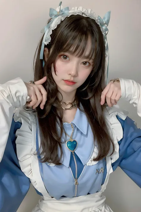 1girl, bangs, brown_eyes, brown_hair, jewelry, long_hair, long_sleeves, looking_at_viewer, necklace, pendant, solo, upper_body, shirt, black_hair, ribbon, heart, frills, choker, medium_hair, mole, apron, lips, sleeves_past_wrists, maid, hands_up, maid_headdress, blue_shirt, zipper, realistic, heart_choker, Mizuiro, outfit<lora:Mizuiro:1>