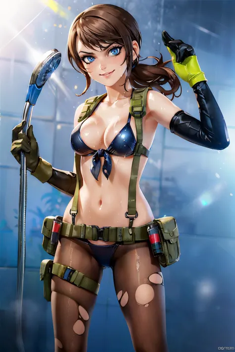 quietmgs, brown hair, blue eyes, ponytail, makeup, eyeshadow, bikini, front-tie top, suspenders, gloves, single elbow glove, thigh holster, torn pantyhose, looking at viewer, serious, evil grin, standing, medium shot, showering, wet, high quality, masterpiece,  <lora:QuietMGS:.7>  <lora:Showering_v1:1>