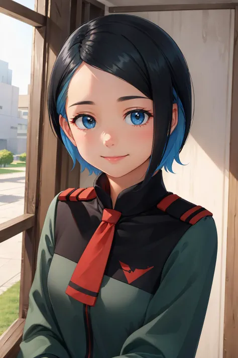 masterpiece, best quality, nika nanaura, red necktie, green jacket, green shorts, black socks, upper body, looking at viewer, school building, looking at viewer, gentle smile, closed mouth <lora:nikananaura-nvwls-v2-000012:0.9>