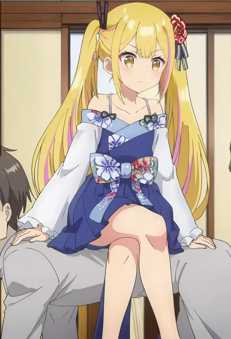 <lora:pony_ride_ponyxl_v7:0.8> human chair, sitting on person, all fours, girl on top, 1boy, 1girl, crossed legs, femdom, faceless male <lora:Sara de Odin:1> sara de odin, blonde_hair, long_hair, 1girl, multicolored_hair, twintails, streaked_hair, pink_hair, hair_ornament, solo, yellow_eyes, bangs, japanese_clothes, kimono, score_9, score_8_up, score_7_up, , anime coloring ,BREAK source_anime, anime