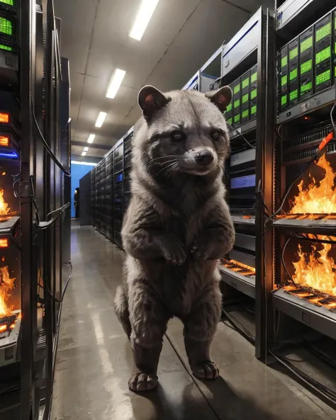 <lora:civitepicmascot:0.8>civitepicmascot datacenter on fire servers