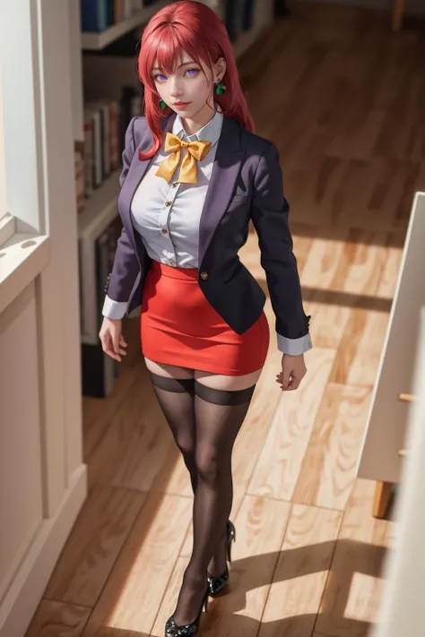 highres,absurdres,masterpiece,best quality,original,extremely detailed CG,extremely detailed wallpaper,perfect lighting,standing on the stage,blurry background,(from above),looking at viewer,
<lora:TakashiroHirokoV2:0.7>,TakashiroHiroko,purple eyes,long hair,red hair,earrings,jewelry,teacher,blouse,bowtie,blazer,pencil skirt,thighhighs,high heels,