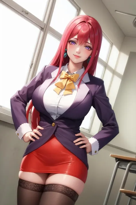 (high quality:1.2), intricate detailed, digital art,
TakashiroHiroko, 1girl, mature female, solo, hands on hips, cowboy shot,
looking at viewer, smile, blush,
purple eyes, long hair, red hair, earrings, jewelry, 
teacher, blouse, bowtie, blazer, pencil skirt, thighhighs, 
curvy, large breasts,
school, window, sky, sunlight, city
<lora:TakashiroHirokoV2:1>