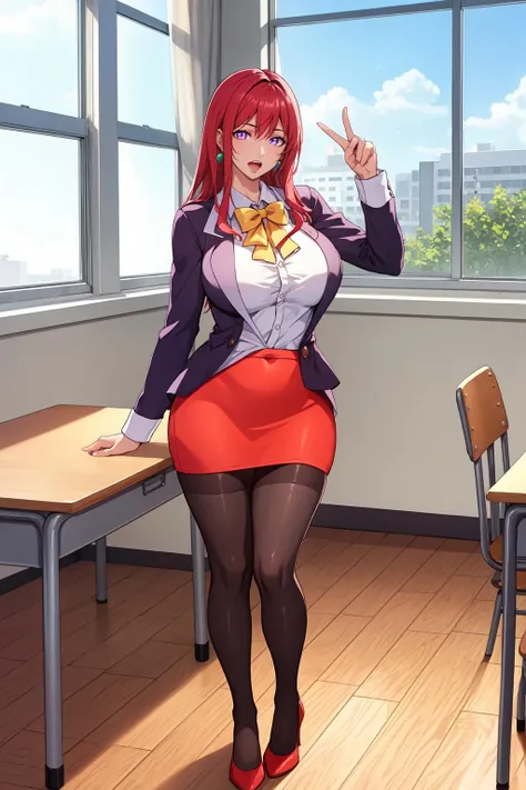 (high quality:1.2), intricate detailed, digital art,
TakashiroHiroko, 1girl, mature female, solo, standing near desk, holding pointer, pointing at desk, full body,
looking at viewer, determined, talking, (open mouth:0.8),
purple eyes, long hair, red hair, earrings, jewelry,
teacher, blouse, bowtie, blazer, (pencil skirt:1.1), thighhighs, high heels,
curvy, large breasts, purple panties, white panties,
school, window, sky, desk,
<lora:TakashiroHirokoV2:0.9>